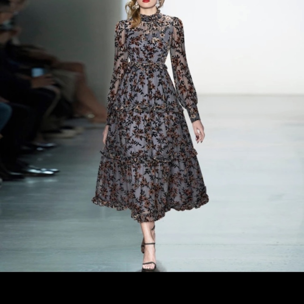 NEW!!! Mesh Dresses Women's Sleeve Flocking Print Vintage Long Party Dress